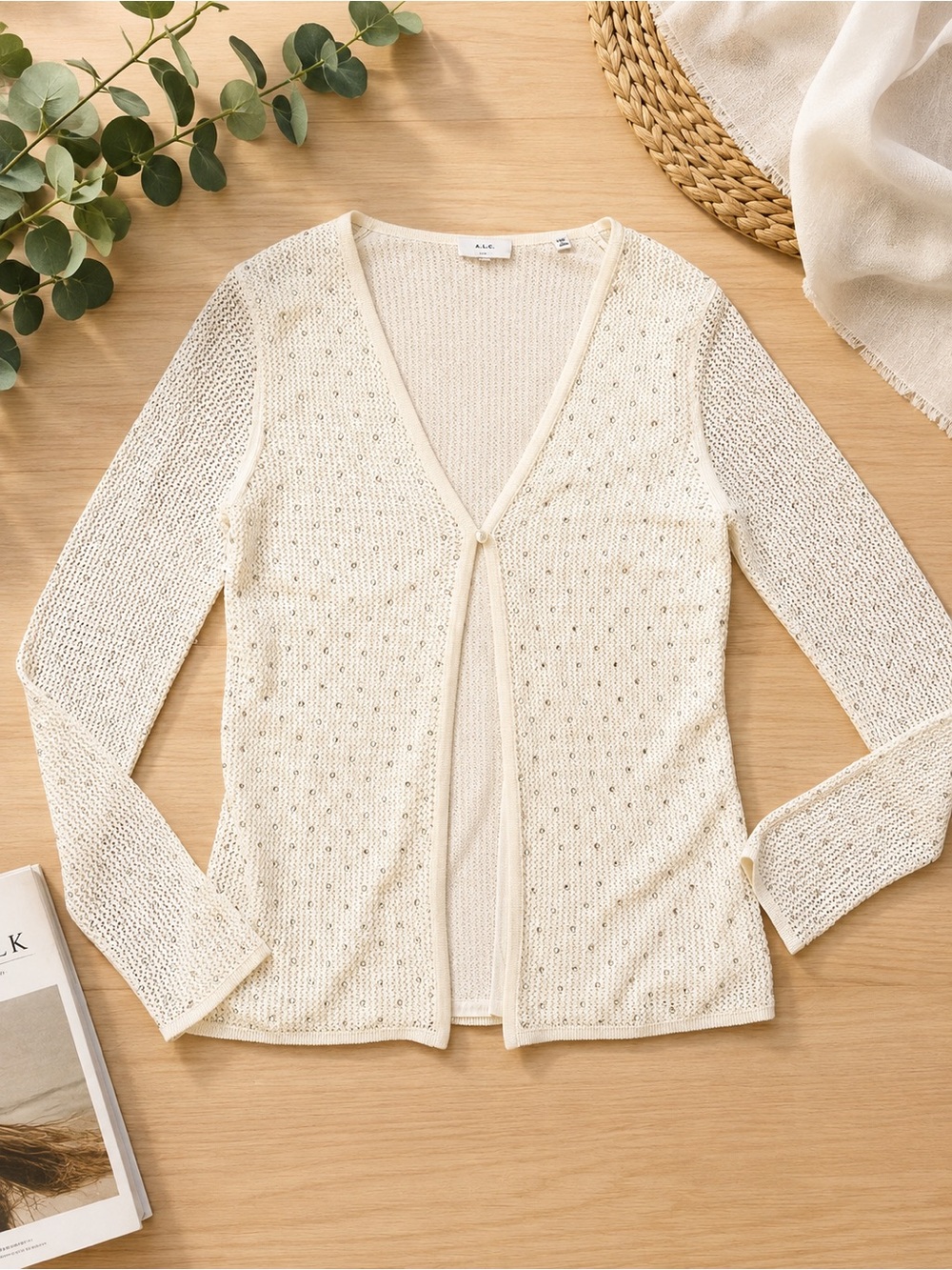 A.L.C. Drew Pointelle-Knit Cotton Cardigan Ecru Size M Like New